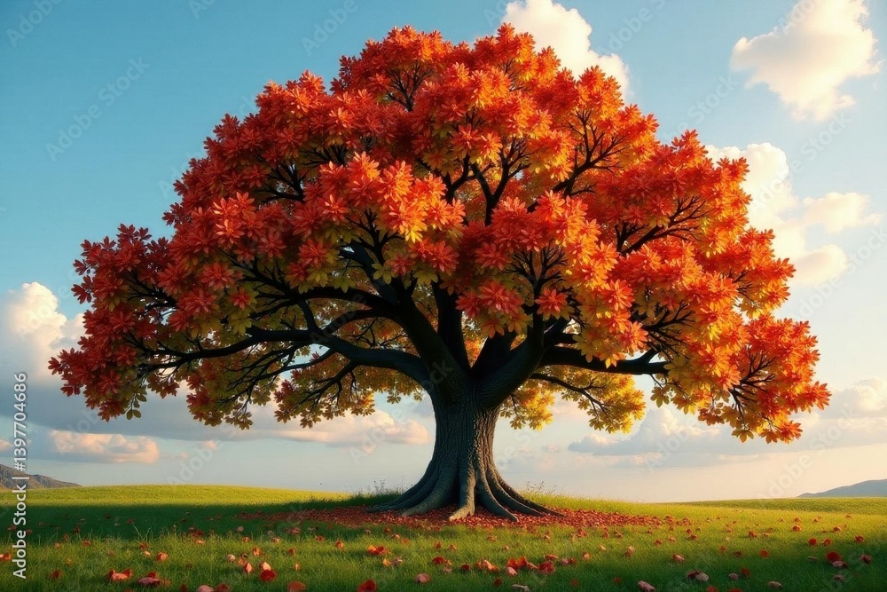 Naklejka premium Mature oak tree with abundant acorns, vibrant fall colors , nature, picture