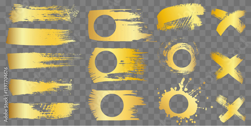 Paint brush with frame, golden ink splatter and strokes with place box for text. Artistic textures collection for card banner label. Set of grunge paintbrush strokes paint splash Gold design element