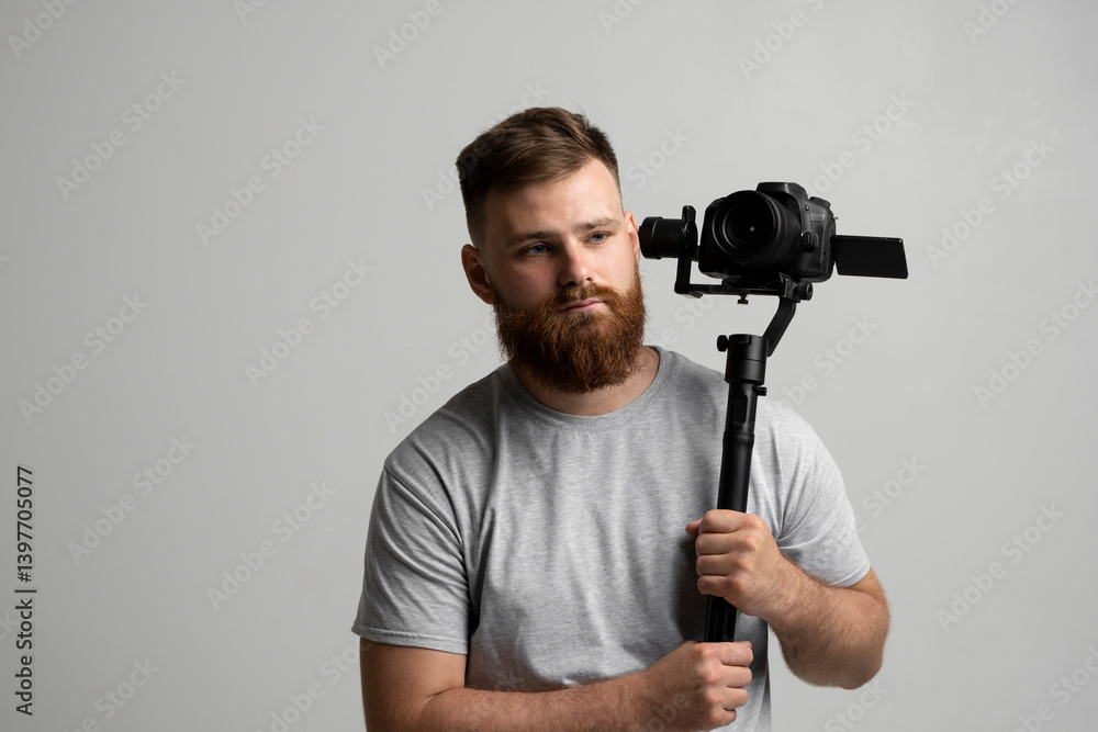 Bearded videographer holding camera which set on 3-axis gimbal. Videographer using steadicam.
