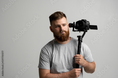 Obraz na płótnie Bearded videographer holding camera which set on 3-axis gimbal. Videographer using steadicam. w salonie