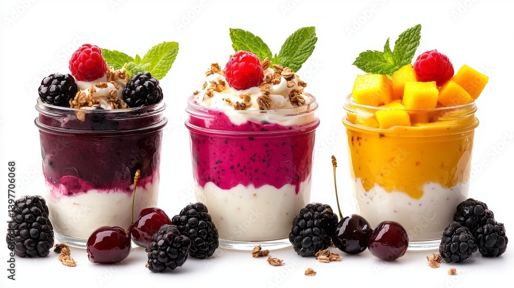 Three different colored smoothies with fruit and nuts Three different colored smoothies with fruit and nuts