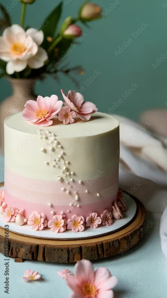 Elegant cake with pink ombre layers adorned with fresh flowers on a rustic wooden base Elegant cake with pink ombre layers adorned with fresh flowers on a rustic wooden base