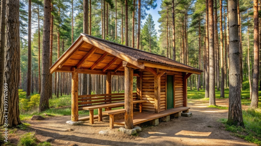 Candid Forest Shelter Photography: Rustic Wooden Tourist Cabin in Woods Candid Forest Shelter Photography: Rustic Wooden Tourist Cabin in Woods