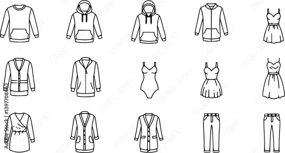 Clothes line icons set. Sweatshirt, hoody, pullover, bath suit, jacket, evening dress, cardigan, trousers visualization vector illustration. Outline signs of fashion apparel. Editable Stroke Clothes line icons set. Sweatshirt, hoody, pullover, bath suit, jacket, evening dress, cardigan, trousers visualization vector illustration. Outline signs of fashion apparel. Editable Stroke