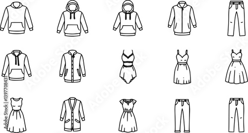 Clothes line icons set. Sweatshirt, hoody, pullover, bath suit, jacket, evening dress, cardigan, trousers visualization vector illustration. Outline signs of fashion apparel. Editable Stroke