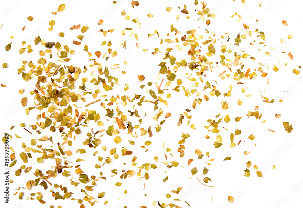 Heap of dried oregano isolated on white, top view Heap of dried oregano isolated on white, top view