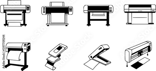 Printer line icon set. Large format printing, plotter, scanner, cutting machine minimal vector illustrations. Simple outline signs for printshop. Editable Stroke