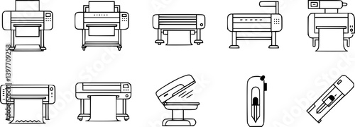 Printer line icon set. Large format printing, plotter, scanner, cutting machine minimal vector illustrations. Simple outline signs for printshop. Editable Stroke