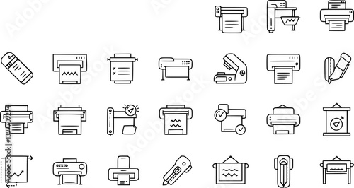 Printer line icon set. Large format printing, plotter, scanner, cutting machine minimal vector illustrations. Simple outline signs for printshop. Editable Stroke