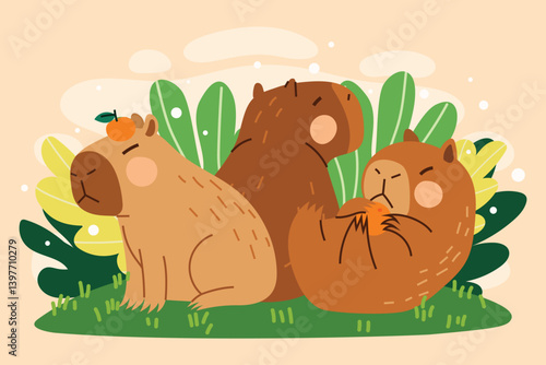 Capybara Resting Hand Drawn Flat Composition