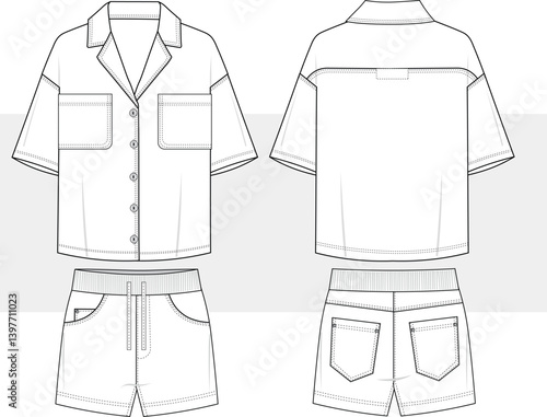 Men's short sleeve shirt, Hawaiian resort shirt with shorts set design flat sketch illustration drawing, vector. aloha casual wear fashion illustration template, front and back view. cad, mockup.