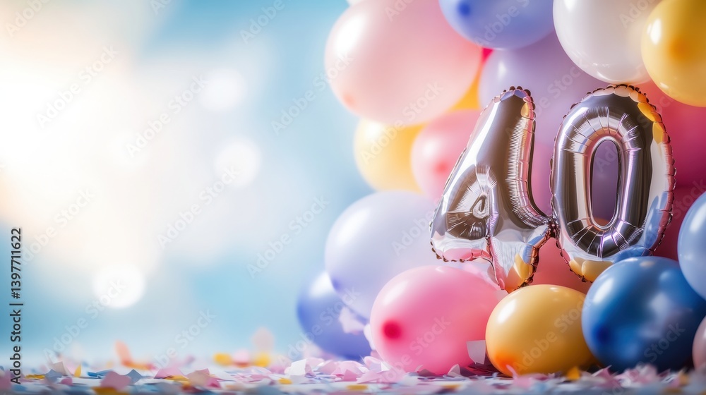 Fototapeta premium Colorful balloons in shades of pink, blue, and gold surround a shiny number 40, celebrating a special birthday with festive confetti