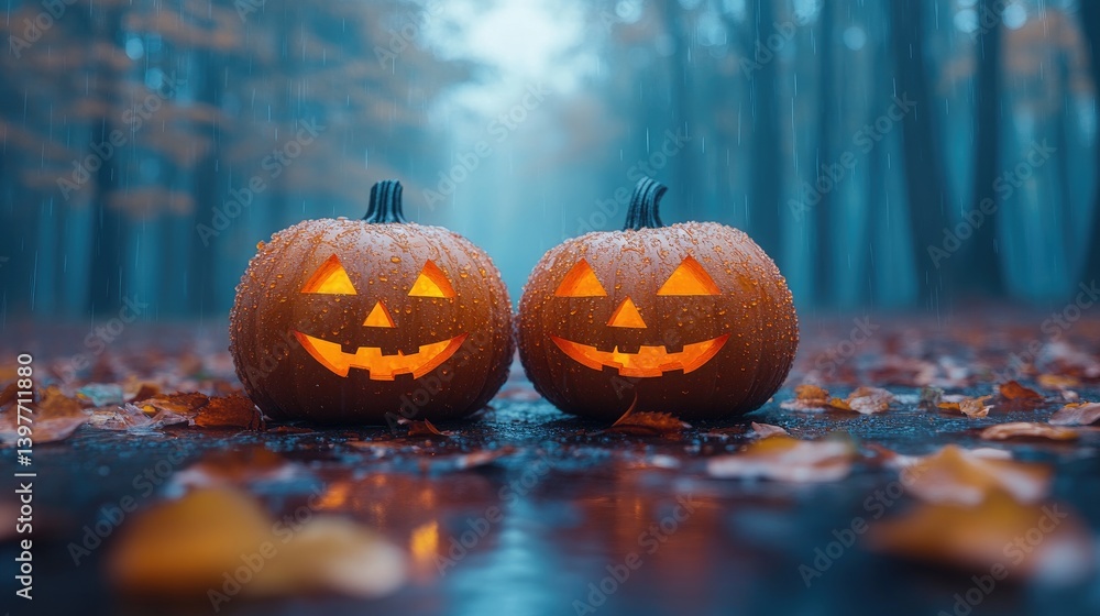 Fototapeta premium Two carved pumpkins on a wet road, leaves surround in forest
