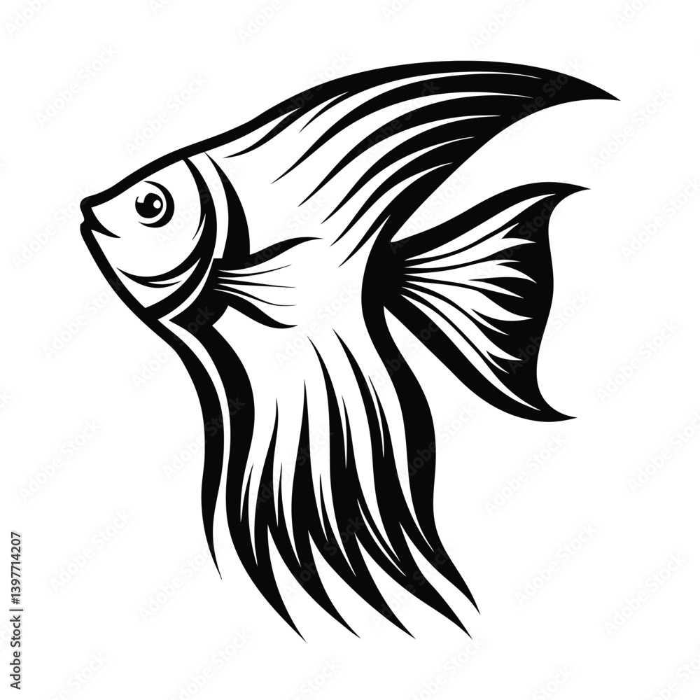 Fototapeta premium Black and White Angelfish Illustration, Aquatic Life, Fish, Minimalist Line Art