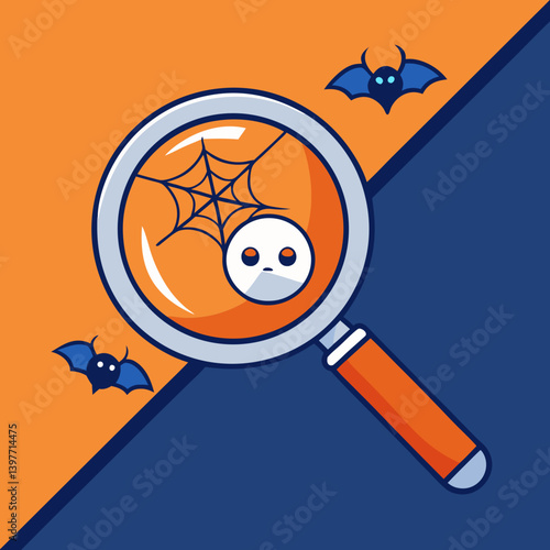 A cute ghost caught in a spooky web under a magnifying glass, Halloween fun with orange and blue tones.