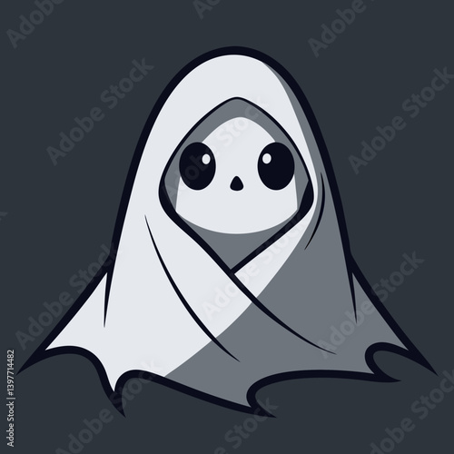 A cute skeletal baby ghost swaddled in a soft, flowing shroud on a dark background.