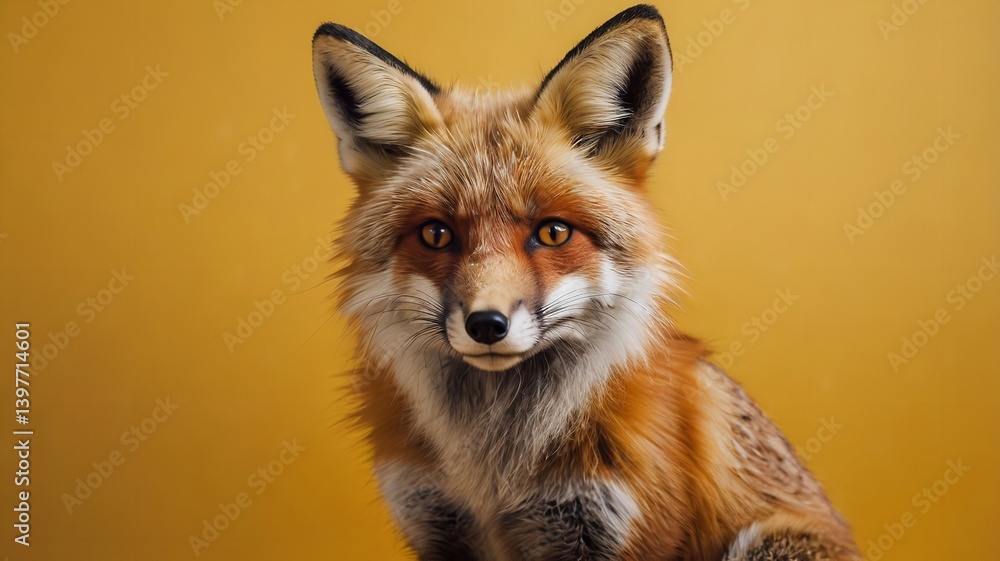 Funny Fox Photoshoot Cute Red Foxes Posing Yellow Background.