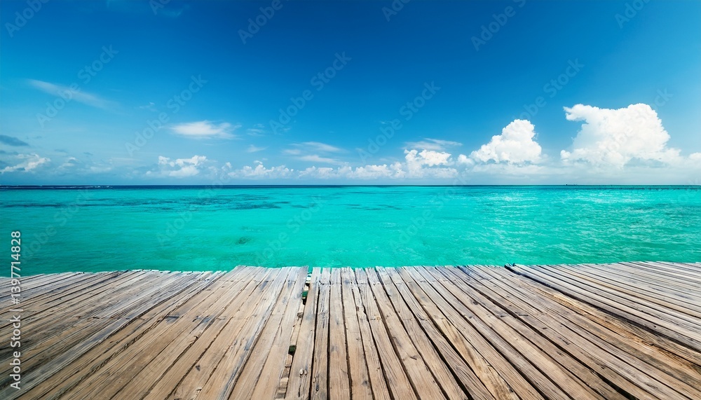 Fototapeta premium Wooden jetty on the turquoise sea with sunny blue sky background