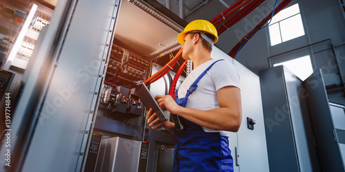 Young electrician works with a tablet standing near an industrial fuse board cabinet. Young electrician at work checking equipment inspecting high voltage power electric line distribution fuseboard.