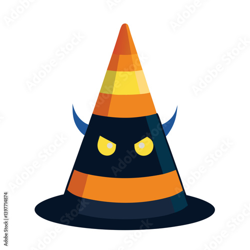 A mischievous traffic cone devil plotting spooky Halloween mischief with glowing yellow eyes and orange and black stripes.