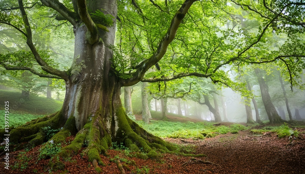 Naklejka premium Beautiful old beech tree in a lush green misty forest