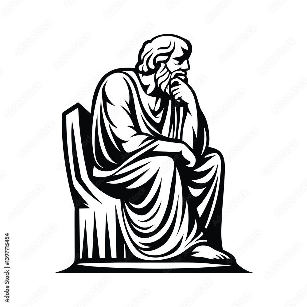 Fototapeta premium Black and White Drawing Statue of an Ancient Philosopher with a Beard Seated