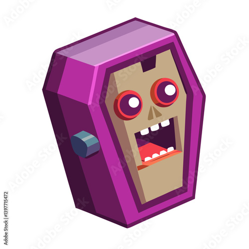 A surprisingly cheerful zombie bursting from its purple coffin, a playful Halloween character design with bold colors and isometric style.