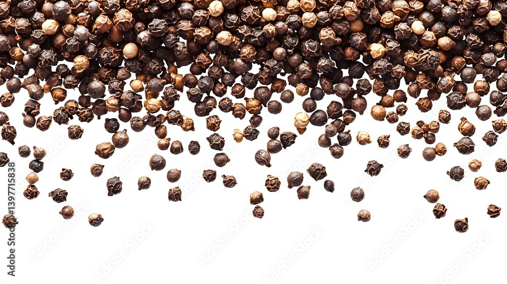 Black peppercorns scattered on white background, creating border design. Aromatic spice pattern isolated for culinary and food packaging projects. Black peppercorns scattered on white background, creating border design. Aromatic spice pattern isolated for culinary and food packaging projects.