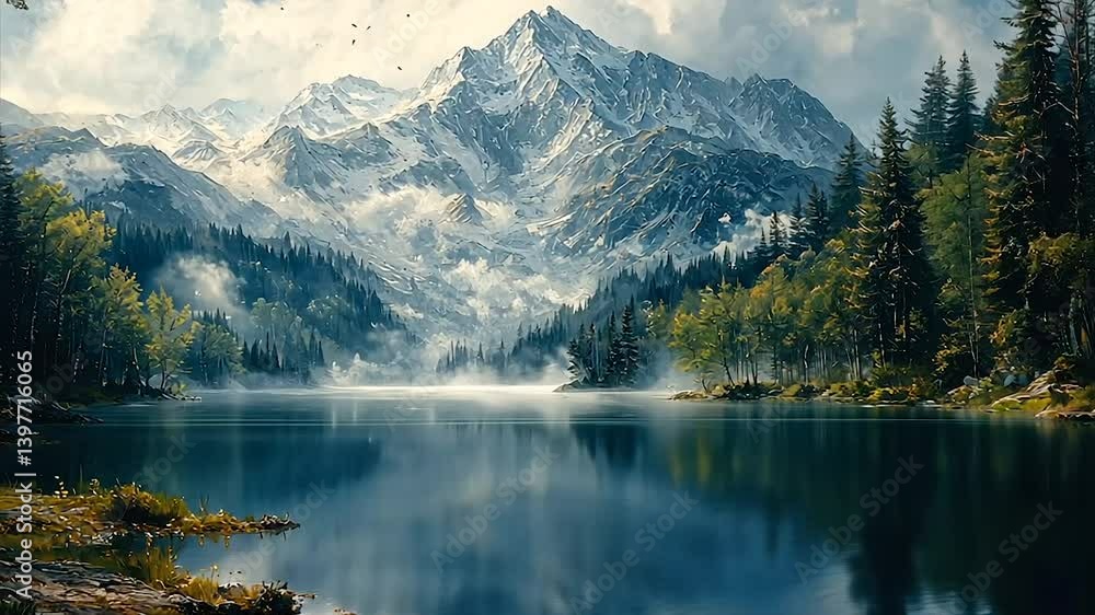 Serene mountain lake reflecting snow-capped peaks, misty forest Serene mountain lake reflecting snow-capped peaks, misty forest