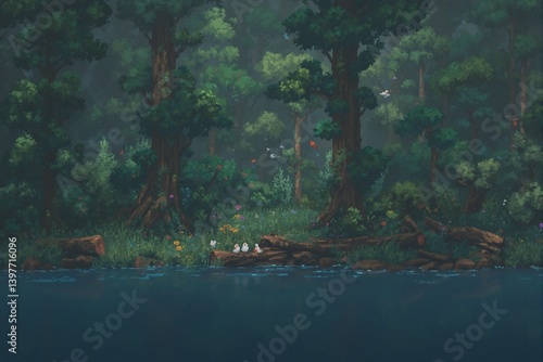 Wallpaper Mural pixel art of beautiful forest,nature,retro,lake Torontodigital.ca