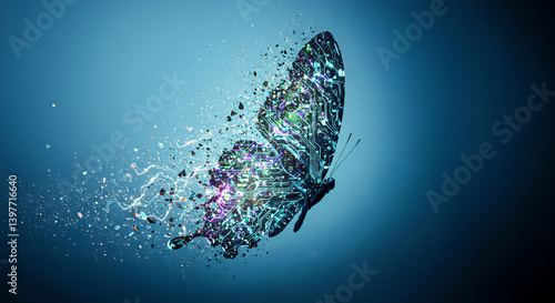Digital butterfly, circuit board wings, technology evolution, abstract insect art, growth in tech, future concept, innovative design.