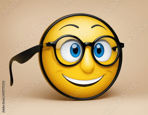 Happy emoticon wearing glasses smiles brightly against a beige background