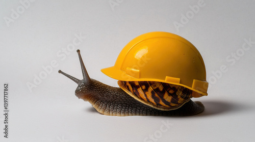 snail wearing yellow hard hat crawls slowly on plain white background, symbolizing determination and resilience