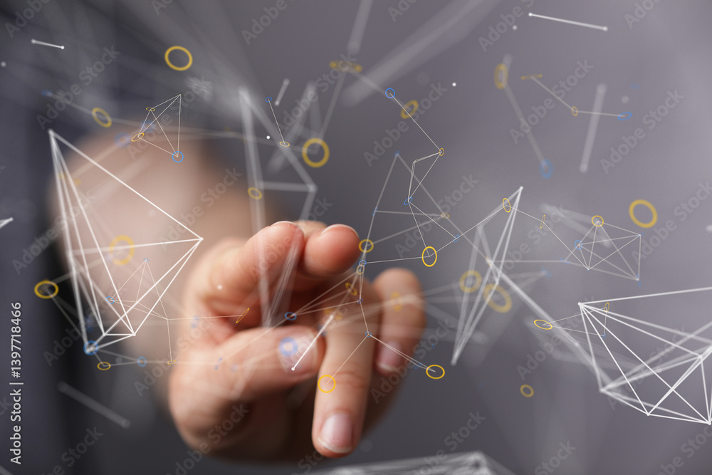 Abstract image of hand interacting with a digital network. Represents connection, innovation, and technology. Abstract image of hand interacting with a digital network. Represents connection, innovation, and technology.