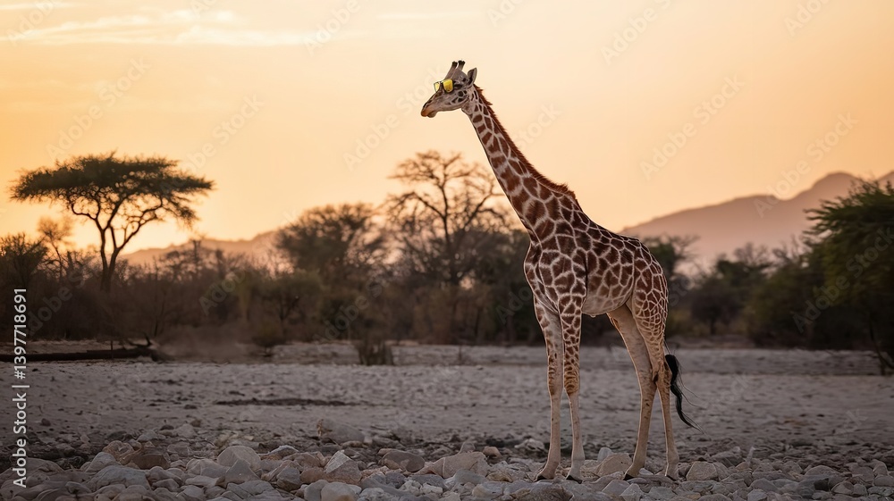 Obraz premium Funny Giraffe in Sunglasses African Savanna Sunset.