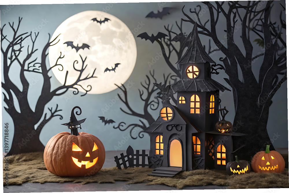 Fototapeta premium Whimsical Halloween Scene with Paper Haunted House, Glowing Pumpkins, and Full Moon Lighting