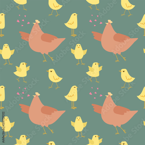 Seamless pattern with hen and chicks on a green background. Chicken with brood. Cute lovely family of domestic fowl or poultry birds. Childish flat cartoon vector illustration.