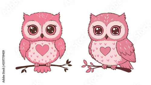 Lovely Pink Owl Duo: Two charming pink owls perched gracefully on a delicate branch, their heart-shaped chests and endearing eyes hinting at affection and charm.
