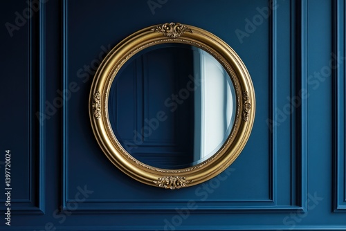 Elegant round mirror with ornate gold frame against deep blue wa