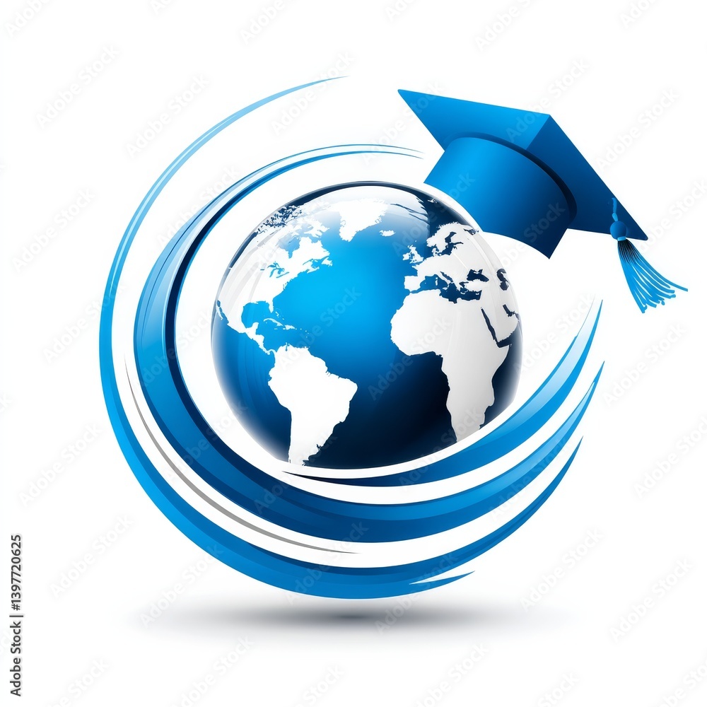 Naklejka premium Global Education Icon: Graduation Cap on World Globe with Abstract Blue Swirls Graphic