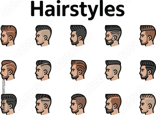 Set of male haircuts and hairstyles with a beard on a white background,generative ai