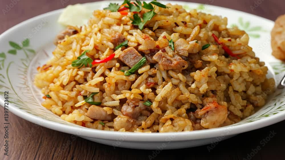 Delicious savory fried rice dish served on a decorative plate with herbs and garnish Delicious savory fried rice dish served on a decorative plate with herbs and garnish