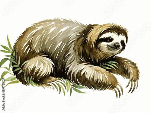Lazy leaves and soft hues sloth isolated watercolor vector illustration svg 