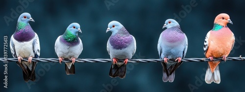 Pigeons against black cloudy background homing pigeon, racing pigeon and domestic messenger pigeon. Columbidae. asian pigeons. Oriental Roller. birds. bird sitting on wire.