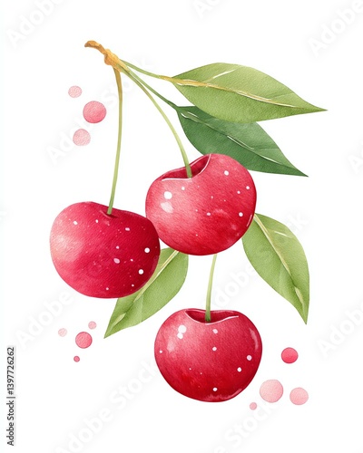 Cherry fruit watercolor white background high quality A vibrant illustration of fresh cherries with green leaves, perfect for food-related designs and projects.
