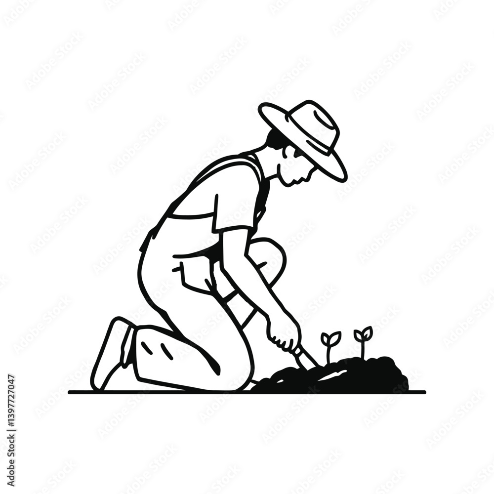 Obraz premium Silhouette of a Gardener Kneeling and Tending to Small Plants – Representation of Farming and Plant Care Vector Illustration