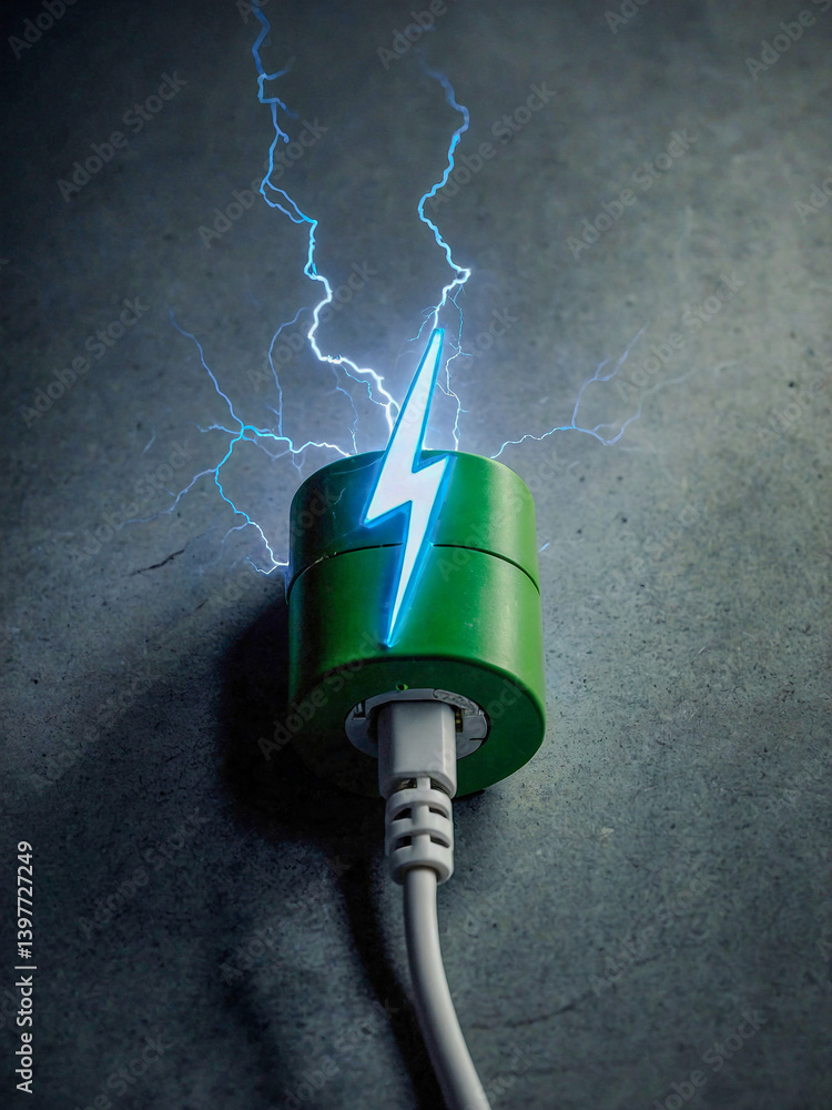 Electrical plug with a blue lightning bolt symbol, representing green technology and sustainable living.