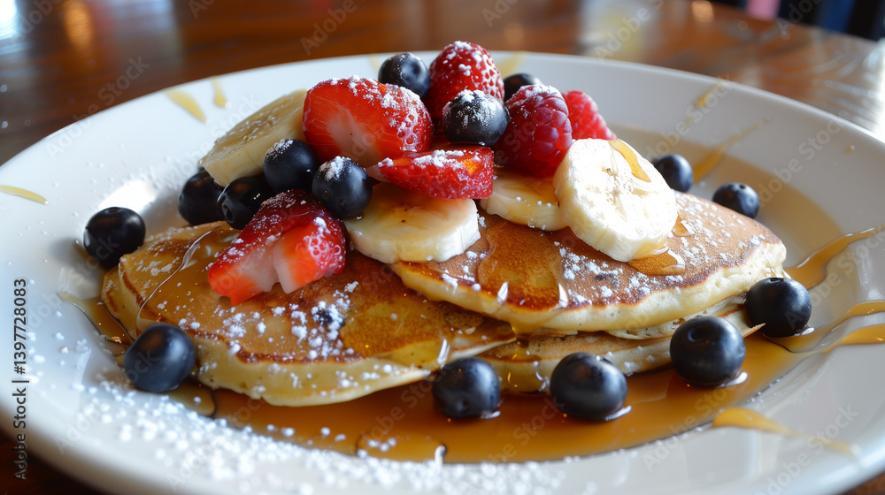 A plate of fluffy pancakes with blueberries, strawberries, and banana slices on top A plate of fluffy pancakes with blueberries, strawberries, and banana slices on top