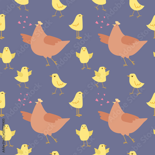 Seamless pattern with hen and chicks on a dark background. Chicken with brood. Cute lovely family of domestic fowl or poultry birds. Childish flat cartoon vector illustration.