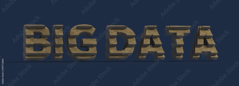 Fototapeta premium 3D rendered image of 'BIG DATA' in wood texture on a blue background. Ideal for technology, analytics, and data science concepts.